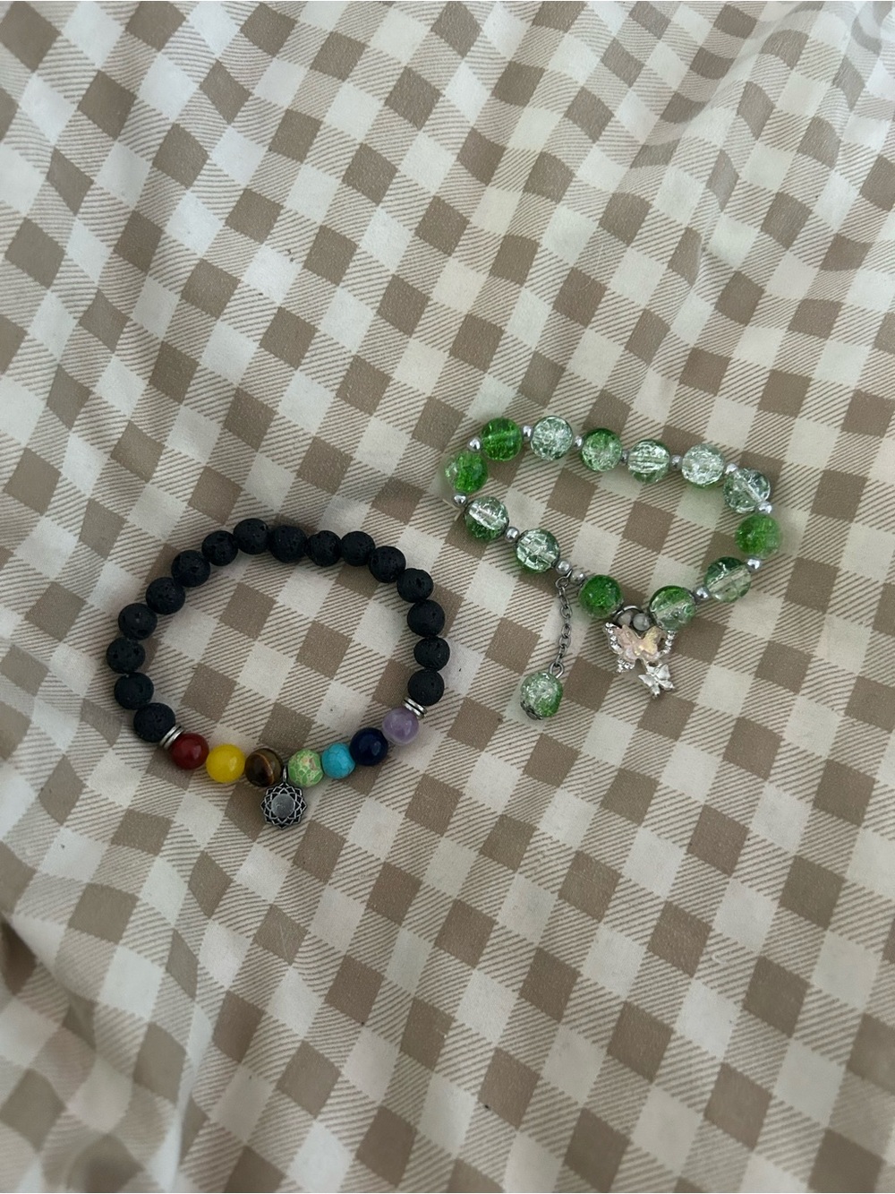 Green Bead Charm Bracelet and Black Lava Chakra Bracelet Set